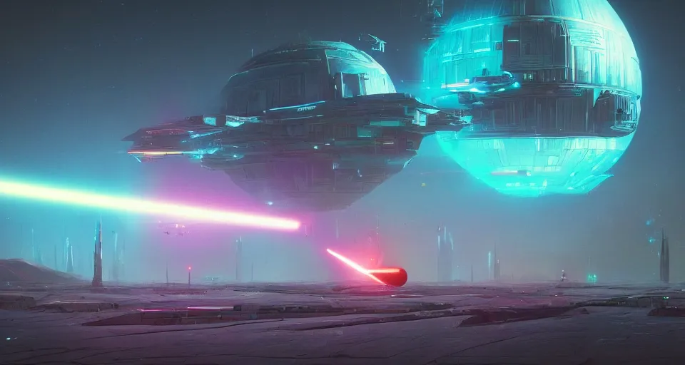 Image similar to GIANT ORBITAL DEATH CANNON, DEATH STAR, Low orbital laser cannon shooting a neon beam down on the landscape, neon laser cannon, cinematic, rendered by Beeple, Makoto Shinkai, syd meade, simon stålenhag, star wars, inspired by Gundam, environment concept, digital art, unreal engine, 3 point perspective, WLOP, trending on artstation, low level, 4K UHD image, octane render,