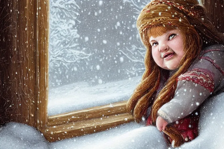 Prompt: A cute hearty chubby dwarven woman at her home looking through the window in a snow day, highly detailed face, complex redhead braided hair, large nose, realistic, beautiful, fantasy art, dungeons and dragons, lord of the rings, in the style of Thomas Kinkade and Wojciech Siudmak, illustration, very cozy, fantasy, intricate, hyper detailed, artstation, concept art, smooth, sharp focus, ray tracing, vibrant, golden hour