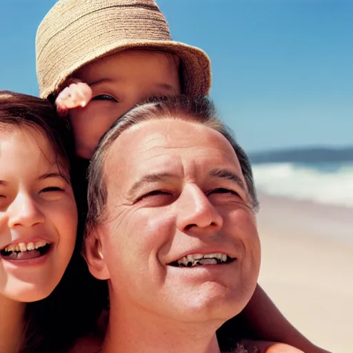 Prompt: portrait of a happy family at the beach, photo by annie leibovitz, realistic, smooth face, perfect eyes, wide angle, sharp focus, 8 k high definition, insanely detailed, intricate, elegant, art by artgerm