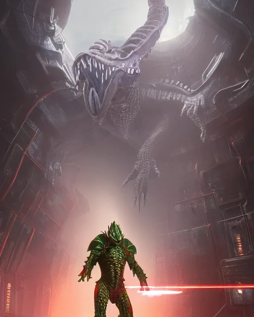 Image similar to Sci-Fi Lizardman, sci-fi armor, by Moebius, rifle, sharp focus, Spaceship hallway background, heroic pose, octane render, dead space artwork, cyberpunk, horror, volumetric lighting, 8k high definition, highly detailed, trending on art Station, by Greg Rutkovski, magic the gathering artwork, centered, horror, sci-fi artwork,