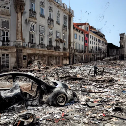 Prompt: lisbon in ruins, trash everywhere, destroyed buildings, cars on fire