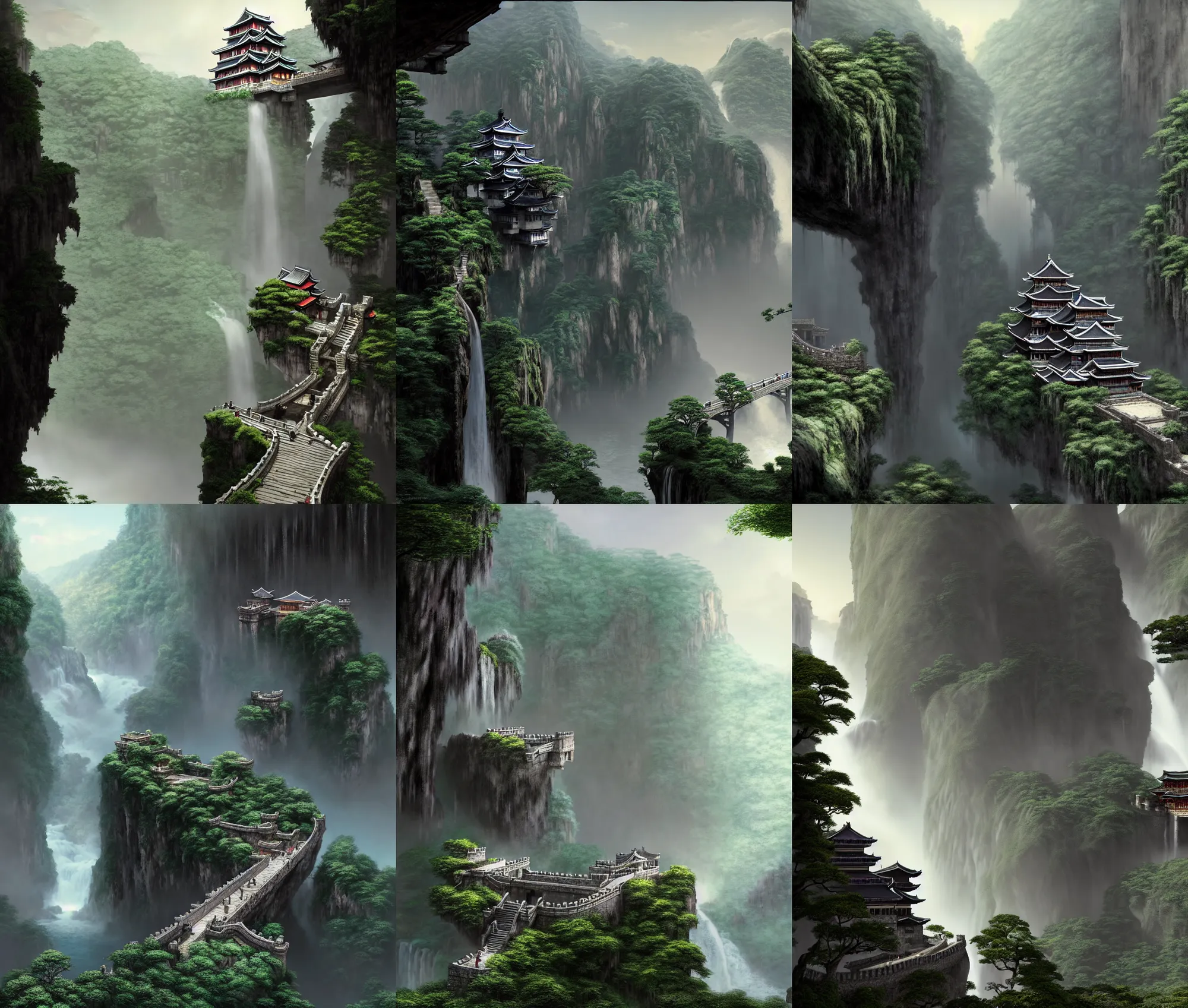 Prompt: establishing wide shot inside han son doong with waterfalls on either side of the cliff walls, at the top of the cliff is a japanese castle, a cloister is built into the cliff walls, an old suspension bridge spans the walls, dawn lighting, detailed render by greg rutkowski and gerald brom and raphael lacoste, unreal engine, octane render, detailed textures