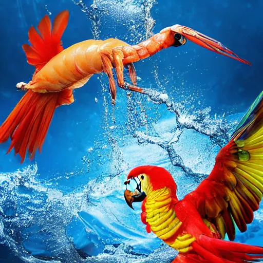 Prompt: a shrimp flying over a parrot swimming, realistic reflections, realistic lighting