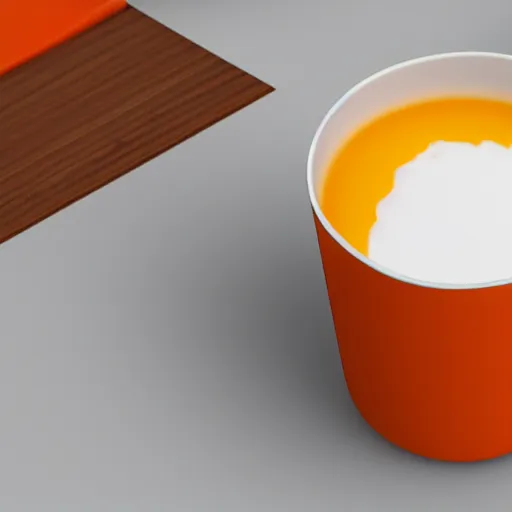 Prompt: a white cup with orange juice in it, octane render, 4 k, uhd, white background, isometric perspective view, diffuse lighting