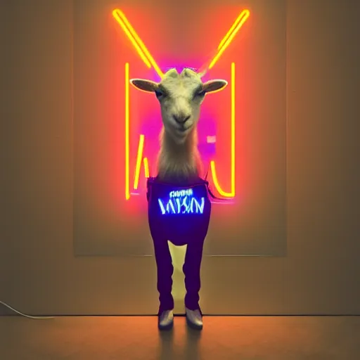 Prompt: stylish goat in a white jacket, retrowave, neon light,