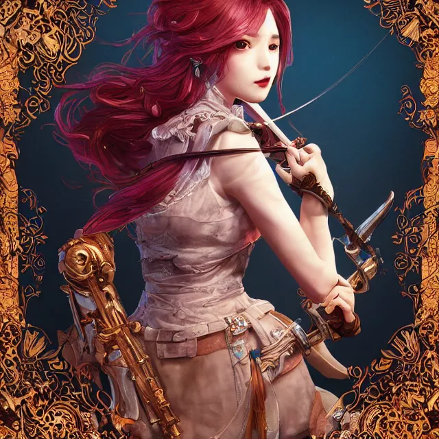 Prompt: the portrait of chaotic neutral semi - colorful smirking female bard assassin as absurdly beautiful, gorgeous, elegant, young gravure idol, an ultrafine hyperdetailed illustration by kim jung gi, irakli nadar, intricate linework, bright colors, octopath traveler, final fantasy, unreal engine 5 highly rendered, global illumination, radiant light, detailed and intricate environment