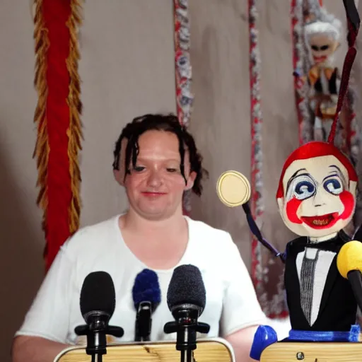 Image similar to president marionette with puppeteer in a podium giving a press conference