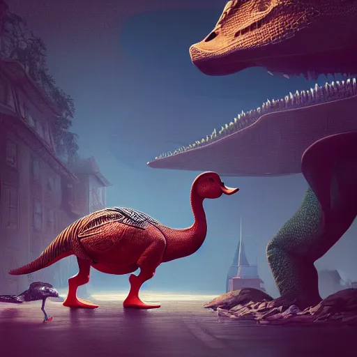 Prompt: a duck in front of a hungry dinosaur intricate artwork by Tooth Wu and wlop and beeple and Dan Mumford. Octane render, trending on artstation, greg rutkowski very coherent symmetrical artwork. Cinematic, hyper realism, high detail 8k