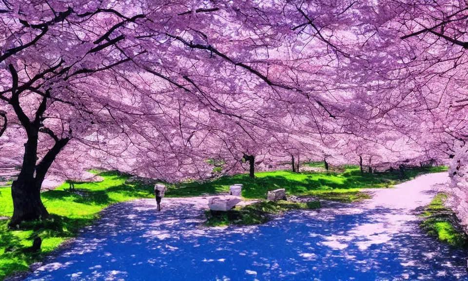 Image similar to a beautiful landscape, cherry trees, blue sky, anime style