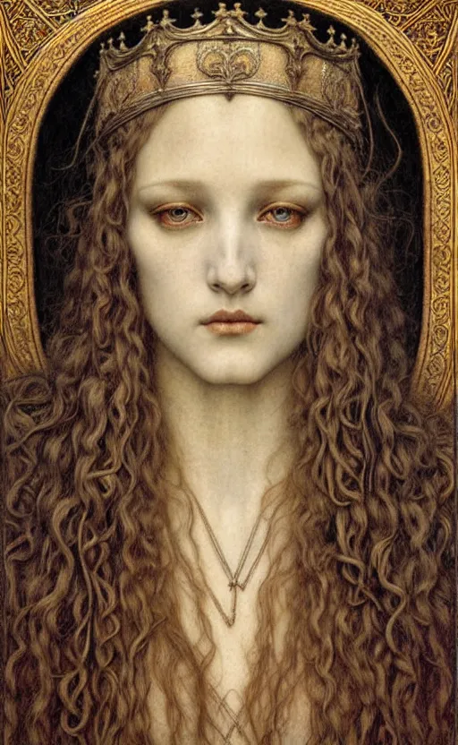 Image similar to detailed realistic beautiful young medieval queen face portrait by jean delville, gustave dore and marco mazzoni, art nouveau, symbolist, visionary, gothic, pre - raphaelite. horizontal symmetry