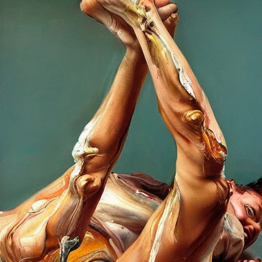 Prompt: high quality high detail painting by lucian freud and jenny saville, hd, dancing, turquoise