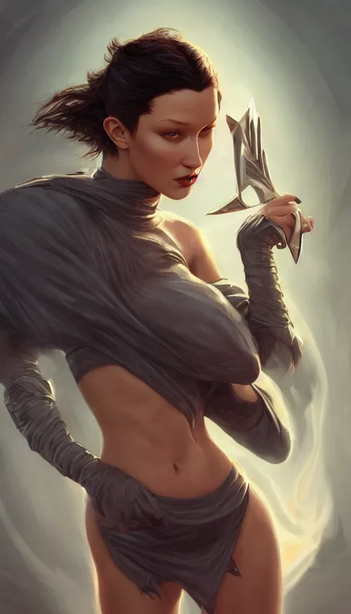 Prompt: rogue, bella hadid, bold, passionate, seductive, expressive, charismatic, sweaty, magic, insane, lord of the rings, intricate, highly detailed, digital painting, artstation, concept art, smooth, sharp focus, illustration, unreal engine 5, 8 k, art by artgerm and greg rutkowski and alphonse mucha