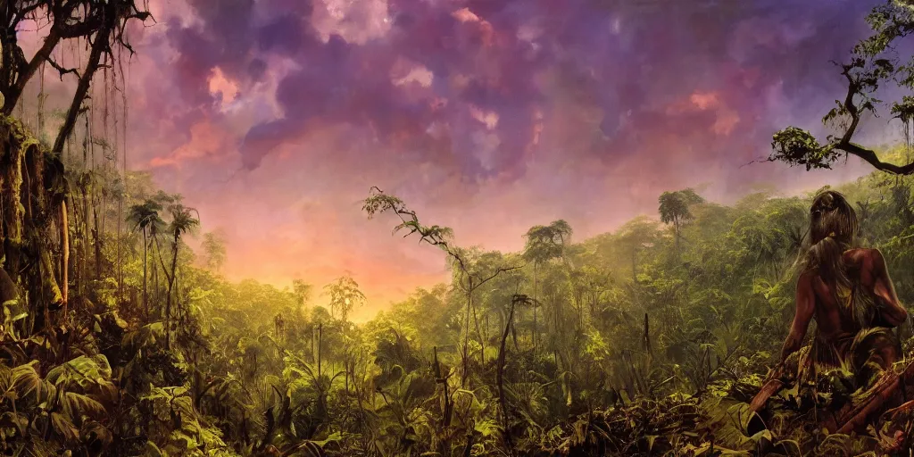 Prompt: stolen lady iberty head abandoned in a jungle .surrounded by tall vines in oversized jungle, moody sunset and dramatic sky , oil painting by frazetta, low angle, postapocalyptic, cinemascope panorama