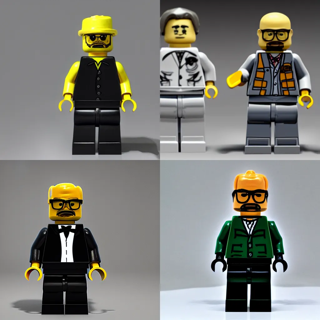 Prompt: Commercial Photo Of A Walter White Lego Minifigure, 4K, Photorealistic