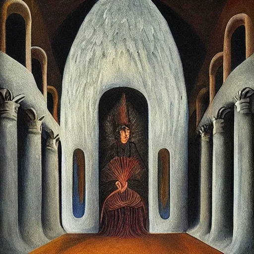 Prompt: an original painting by remedios varo, a building surrounded by angels