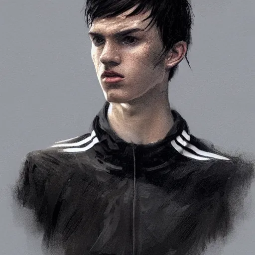 Image similar to Portrait of a man by Greg Rutkowski, he is about 18 years old, british, short black hair with bangs, young, pale, tall and slim, tired look, he's wearing a black adidas tracksuit, highly detailed portrait, scifi, digital painting, artstation, concept art, smooth, sharp foccus ilustration, Artstation HQ