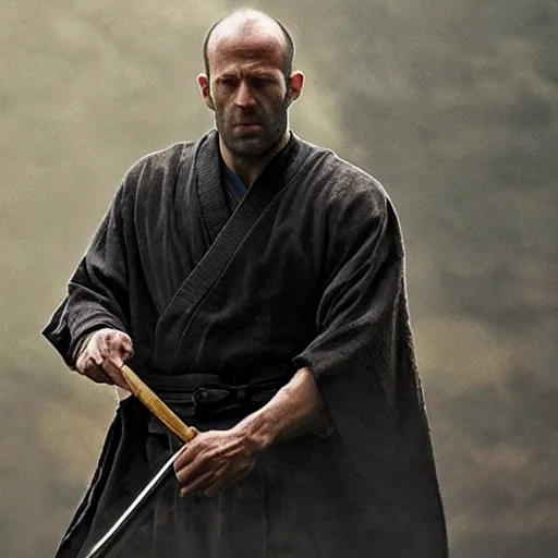 Image similar to an film still of jason statham as samurai, cinematic, dramatic action