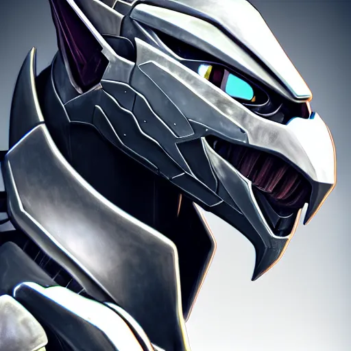 Image similar to close up bust of a cute stunning robot anthropomorphic female dragon, with sleek silver armor, a black OLED visor over the eyes, detailed digital art, furry art, anthro art, sci fi, warframe art, destiny art, high quality, 3D realistic, Furaffinity, Deviantart