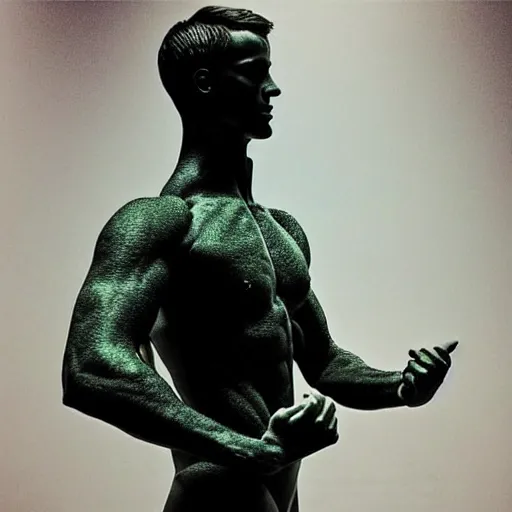 Image similar to “a realistic detailed photo of a guy who is an attractive humanoid who is half robot and half humanoid, who is a male android, British diver Jack Laugher, shiny skin, posing like a statue, blank stare, at the museum, on display”