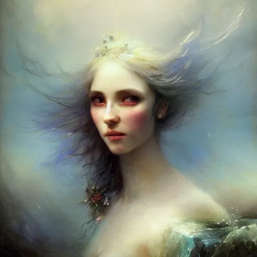 Image similar to three-quarters portrait with papery flaking skin, piercing multi-colored eyes, and under water flowing hair, dreams of the fae; painted in oil on canvas; surrealism by Aleksi Briclot and Ivan Aivazovsky