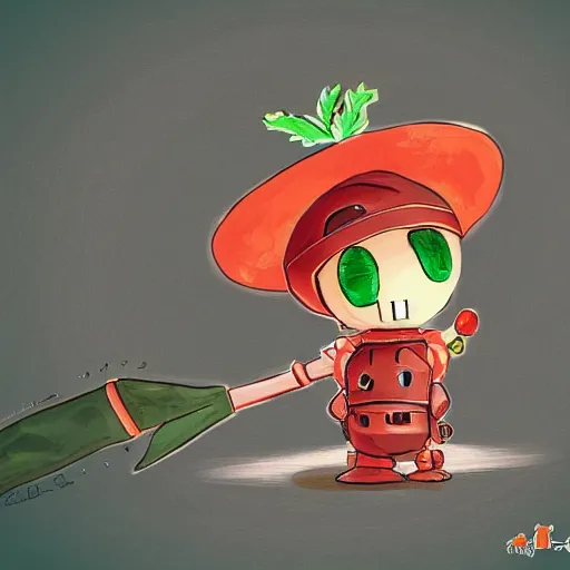 Prompt: cute little robot with big tomato hat and a carrot sword, made in abyss style