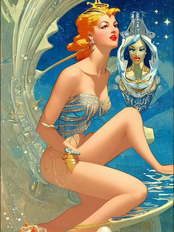 Image similar to princess kida the high queen of ancient atlantis, a beautiful art nouveau portrait by gil elvgren, beautiful underwater city environment, centered composition, defined features, golden ratio, silver jewelry, stars in her gazing eyes