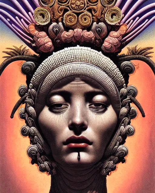 Image similar to hyperrealistic detailed face portrait of the beautiful goddess of the volcanos with an intricate headdress of an erupting volcano, art by ernst haeckel, john william godward, android jones, h. r. giger, gothic - cyberpunk, ornamental, dimmed pastel colours,