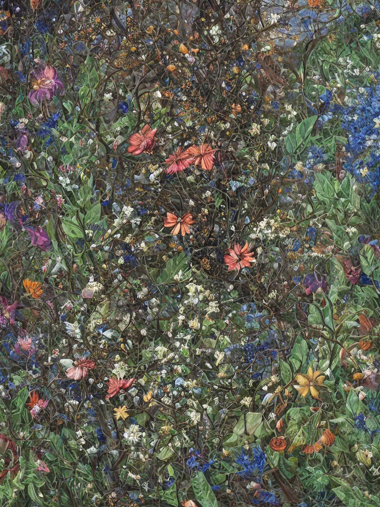 Prompt: a chaotic windy tornado of swirling leaves and wildflowers, intricate details, aesthetically pleasing and harmonious natural colors, art by tiffany bozic, impressionism, detailed, dark