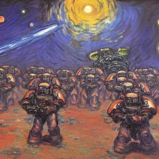 Prompt: a painting of a warhammer 4 0 k space marine squadron, by monet, munch,