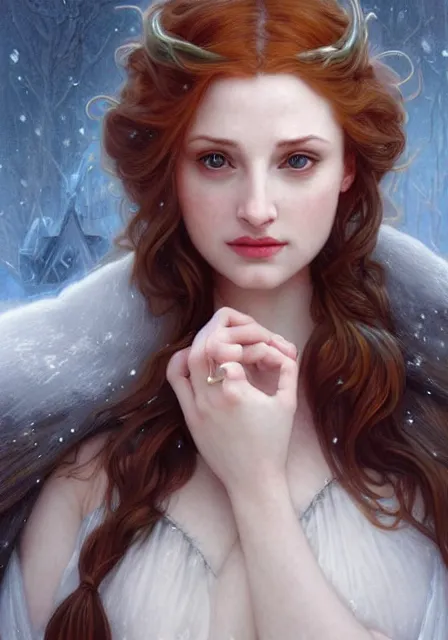 Prompt: sansa angeline jolie gessica chastain cold frozen snow ice winter, intricate, elegant, highly detailed, digital painting, artstation, concept art, smooth, sharp focus, illustration, art by artgerm and greg rutkowski and alphonse mucha and william - adolphe bouguereau