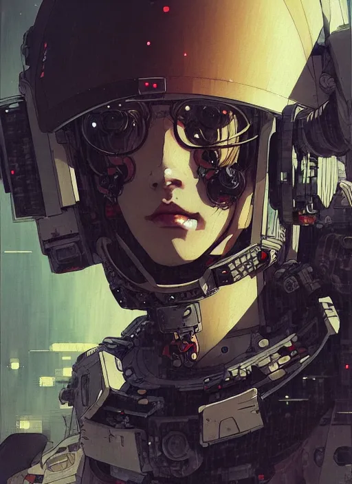 Image similar to a beautiful ukiyo painting of cyberpunk battle space mech pilot, wearing space techwear, detailed close up portrait, intricate complexity, concept art, by takato yamamoto, wlop, krenz cushart. cinematic dramatic atmosphere, sharp focus