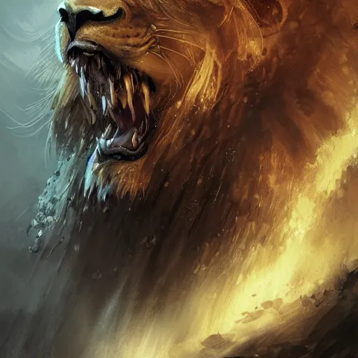 Image similar to Lion, Anthropomorphized, as warlord general on iron throne, magic the gathering artwork, D&D, fantasy, cinematic lighting, centered, symmetrical, highly detailed, digital painting, artstation, concept art, smooth, sharp focus, illustration, volumetric lighting, epic Composition, 8k, art by Akihiko Yoshida and Greg Rutkowski and Craig Mullins, heroic pose, oil painting, cgsociety, Battlefield background, explosions, arrows