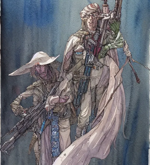 Prompt: a watercolor ink painting of an elven sniper in the style of jean giraud in the style of moebius trending on artstation deviantart pinterest detailed realistic hd 8 k high resolution