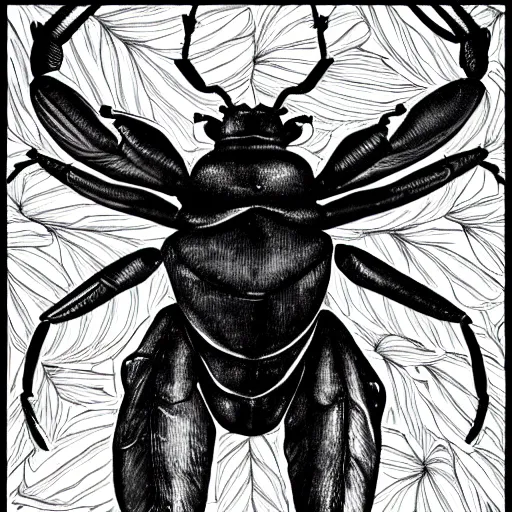 Prompt: stag beetle, black and white, botanical illustration, black ink on white paper, bold lines