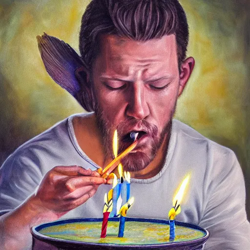 Prompt: intricate five star portrait of fish man blowing the candle at his birthday, oil on canvas, hdr, high detail, photo realistic, hyperrealism, matte finish, high contrast, 3 d depth, centered, masterpiece, grainy, muted colors, enhanced light effect, enhanced eye detail, artstationhd