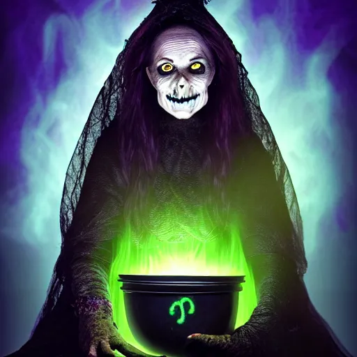 Image similar to a portrait of a scary ugly witch that is brewing a wicked potion in her cauldron that is marked with magical symbol that are glowing, highly detailed, digital photo, hdri, by christopher bretz and john carpenter, vivid colors, high contrast, 8 k resolution, intricate, photorealistic, smooth, psychedelic color scheme, concept art, award winning, cg society contest winner