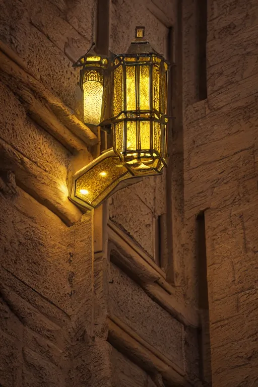 Image similar to detail shots of a lantern designed by antonin gaudi glowing in a street in barcelona at night, raytracing, 8 k, octane render, volumetric, vivid, beautiful, hyperrealism