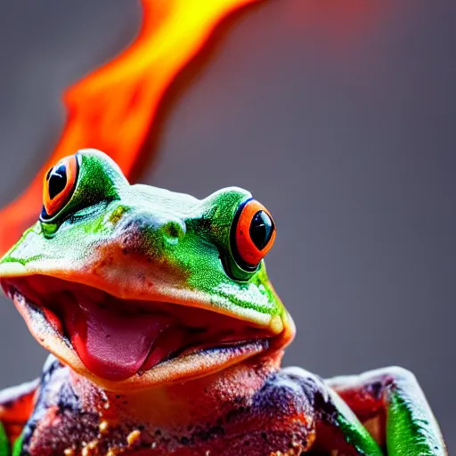 Prompt: frog screaming at an ocean of lava split in two