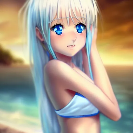 Image similar to tiny father a tall daughter picture : a very beautiful young blond anime girl, sky blue eyes, bikini, white miniskirt, highly detailed, cinematic wallpaper by stanley artgerm lau