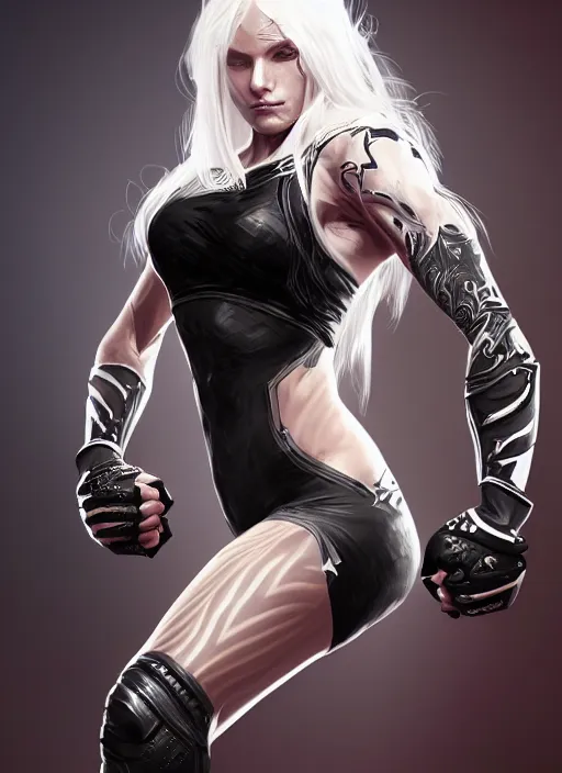 Image similar to a highly detailed illustration of fierce platinum blonde woman wearing black mma gear, heroic fighting stance pose, intricate, elegant, highly detailed, centered, digital painting, artstation, concept art, smooth, sharp focus, league of legends concept art, wlop