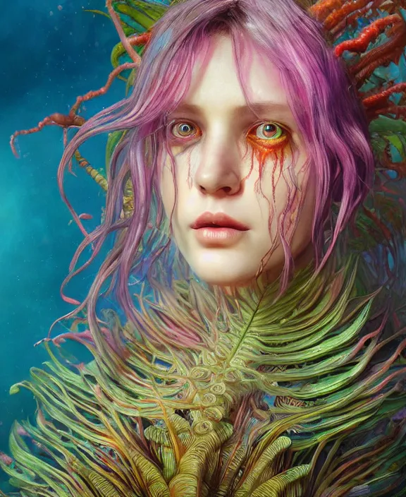 Image similar to filigreed colorful transparent portrait of a terrifying beautiful alien sea creature, fronds, mottled coloring, adorable, childlike, horror environment, ultra realistic, concept art, art nouveau, photorealistic, octane render, 8 k, unreal engine. art by christopher marley and artgerm and greg rutkowski and alphonse mucha