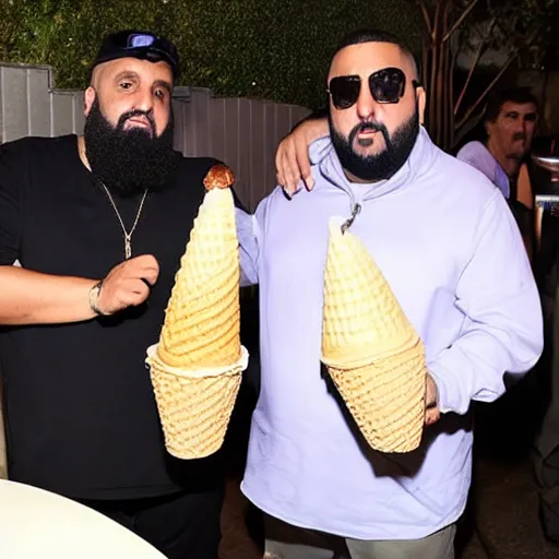 Prompt: DJ khaled and alfred molina with huge ice cream cone and slice of pizza