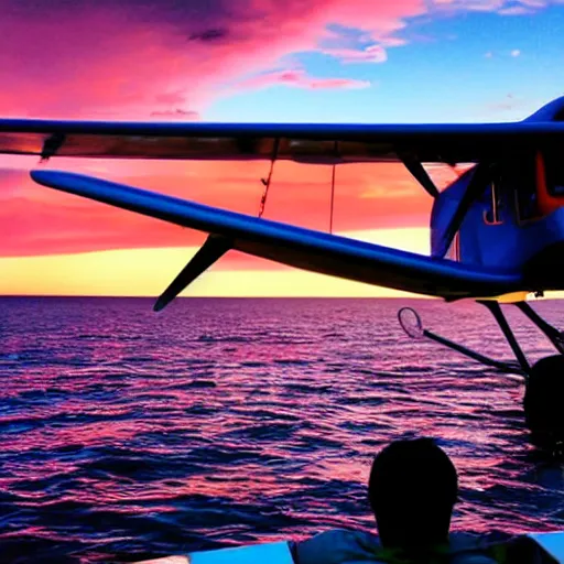 Image similar to man sitting on the wing of sea plane watching beautiful sunset peaceful serene ocean pretty pink orange skies slightly cloudy 36mm photo