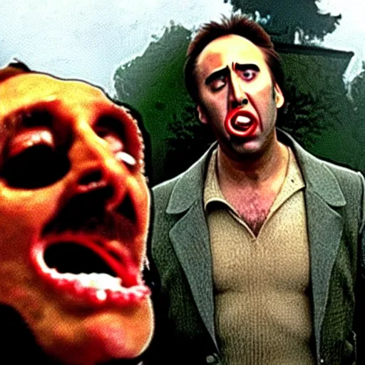 Image similar to nicolas cage drowning mouth full of peas, movie still, the wicker man