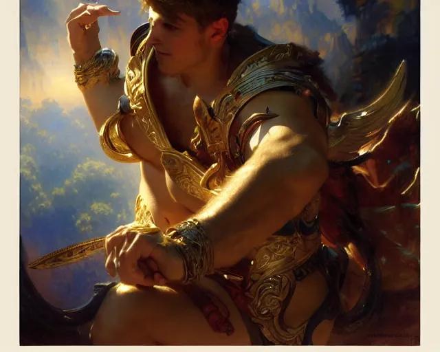 Image similar to attractive heroic male deity, casts magic, summoning handsome heroic lucifer morning star. highly detailed painting by gaston bussiere, craig mullins, j. c. leyendecker 8 k