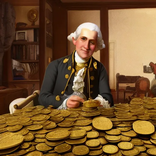 Image similar to a closeup photorealistic photograph of a happy George Washington inspecting small gold Doubloon coins at his home on Cherry Street. This 4K HD image is Trending on Artstation, featured on Behance, well-rendered, extra crisp, features intricate detail and the style of Unreal Engine.