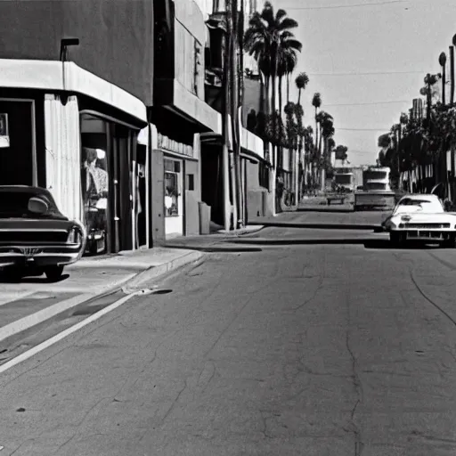 Prompt: photograph of a los angeles street in 1 9 6 9