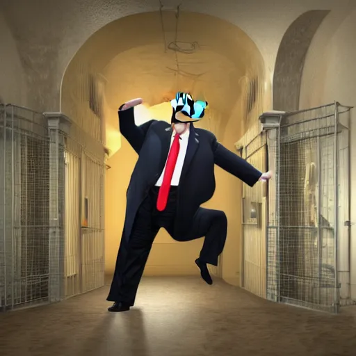 Image similar to trump crying as a large man dances on him from behind in a prison cell, intricate detail, finely detailed, small details, extra detail, photorealistic, high resolution, vray, hdr, hyper detailed, insane details, intricate, elite, ornate, elegant, luxury, dramatic lighting, octane render, weta digital, micro details, 3 d sculpture