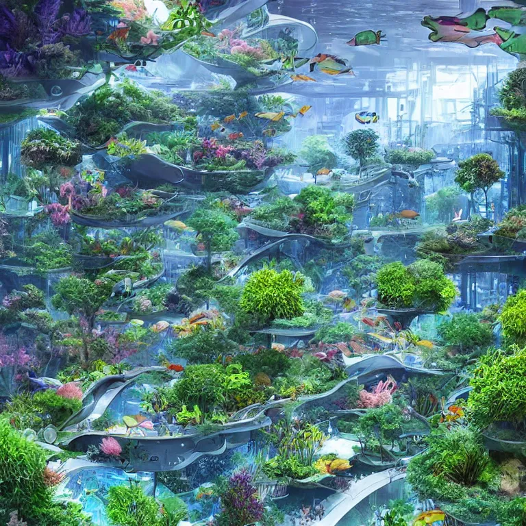 Prompt: Beautiful city of the future, overgrown with trees and plants. An aquarium. Beautiful artistic digital artwork by artist Lurid. (2022)