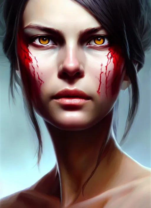 Image similar to a _ fantasy _ style _ portrait _ painting _ of female with scar under left eye, holy oil _ painting _ unreal _ 5 _ daz. _ rpg _ portrait _ extremely _ detailed _ artgerm _ greg _ rutkowski _ greg